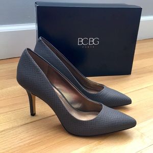 BCBG Paris 3 inch, new, gray patterned heels